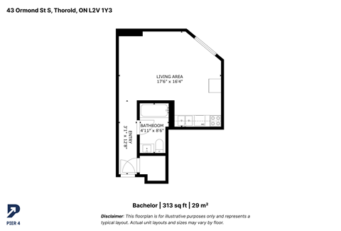 Floor plan for studio, 1 bath, 313 sqft